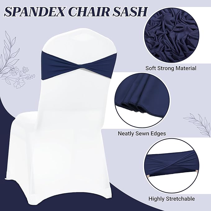 VDS Pack of 50 PCS | Navy Blue | Spandex Chair Sashes Bows Without Buckle | Stretch Elastic Banquet Universal Folding Chair Band Tie with for Wedding Party Conference Celebration Event Decoration