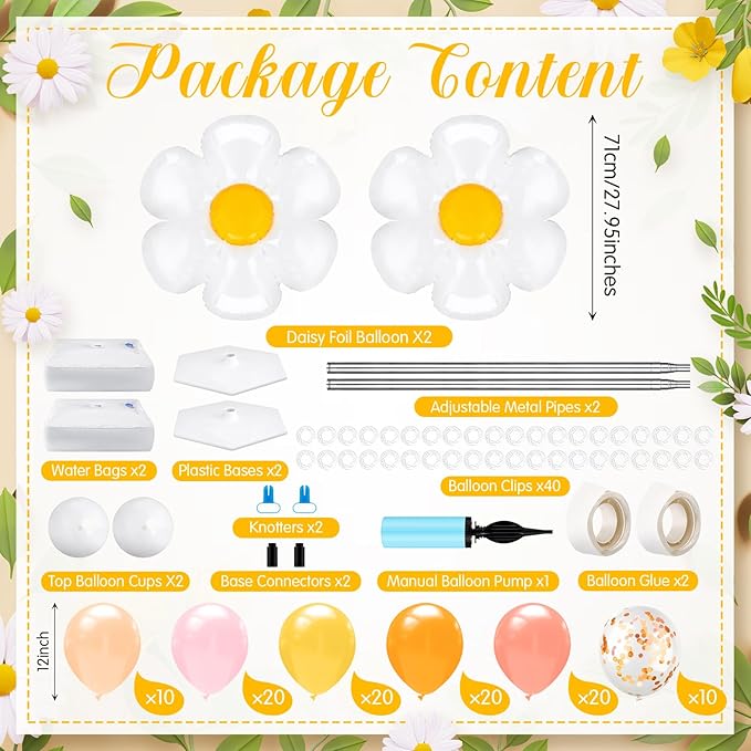 Kasyat 2 Set Groovy Daisy Balloon Column Stand Kit with Adjustable Balloon Arch Kit Boho Pastel Pink Orange Yellow Flower Party Supplies for Wedding Baby Shower Two Groovy Birthday Party Supplies