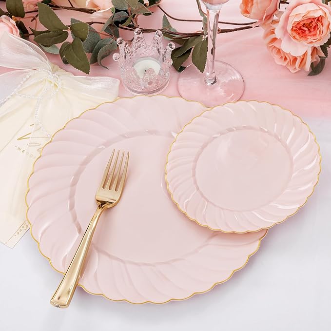 YOUBET 125Pcs Pink Plastic Plates with Gold Rim - Scalloped Plastic Plates Set Includes 25 Dinner, 25 Dessert Plate, 75 Gold Silverware for 25Geusts for Wedding Birthday Parties Baby Shower Valentines