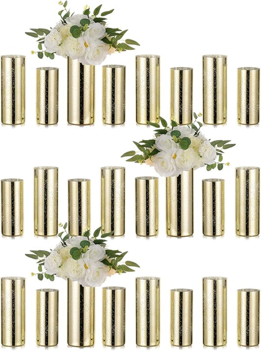 Glass Cylinder Vases Set of 24, Hewory Glittery Gold Vase for Centerpieces, Glass Hurricane Candle Holders for Pillar Floating Candle, Tall Round Vase for Wedding Anniversary Events Home Table Decor