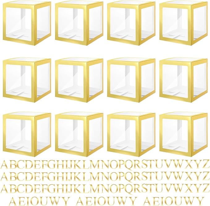 Thyle 12 Pcs Transparent Balloon Boxes Clear Balloon Boxes with 99 Letters for Baby Shower Gender Reveal Grad Birthday Party Bridal Wedding Anniversary Backdrop Decoration (Gold)