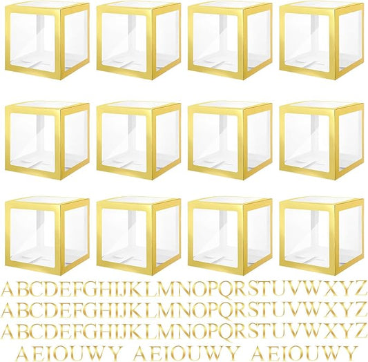 Thyle 12 Pcs Transparent Balloon Boxes Clear Balloon Boxes with 99 Letters for Baby Shower Gender Reveal Grad Birthday Party Bridal Wedding Anniversary Backdrop Decoration (Gold)