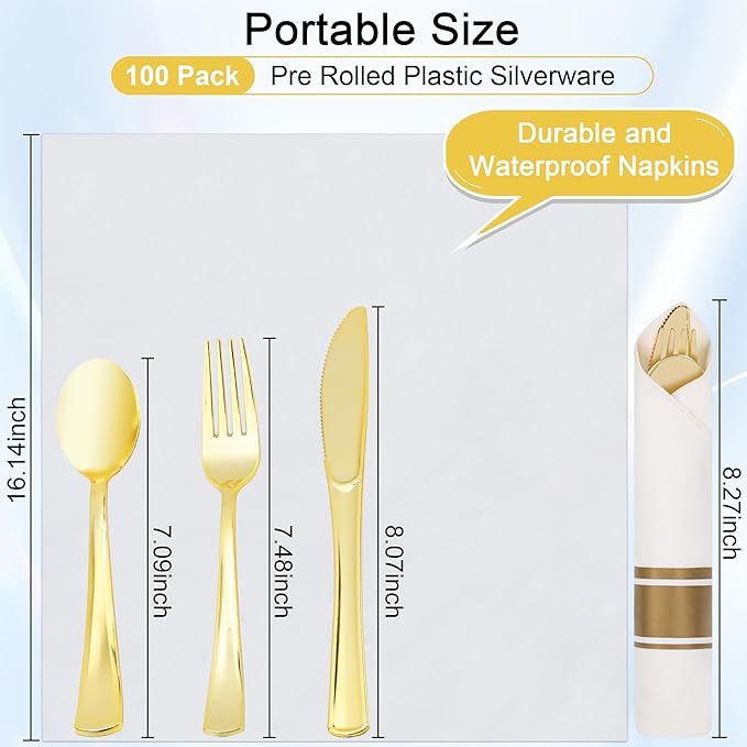 400 PCS Pre Rolled Napkin and Cutlery Set, Gold Plastic Flatware Sets Wrapped in Napkin, Disposable Cutlery Set with 100 Forks, 100 Knives, 100 Spoons, 100 Napkins for Wedding, Party，Dinner