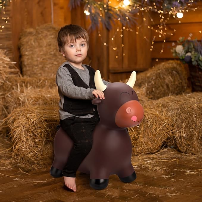 EVERICH TOY Bouncy Bull Hopping Toys, Brown Bouncy Horse Animal Hopper Ride-On, Inflatable Bull Riding Toys for Boys Girls, Birthday Gift for 18 Months 2 3 4 5 6 Years Old Toddler