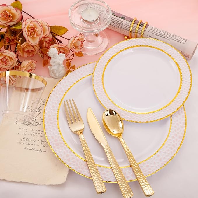 Ciaell 150PCS Pink Plastic Plates – Disposable Pink and Gold Plates Set include 50Plates, 25Forks, 25Knives, 25Spoons, 25Cups for Wedding & Party & Valentine's Day