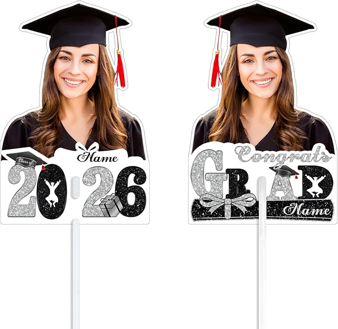 Personalized Graduation Face Fan 2026 Grade Custom Double Sided Face Cutout Fan with Handle Photo Booth Prop Party Supplies(B-Black and Silver,12pcs)