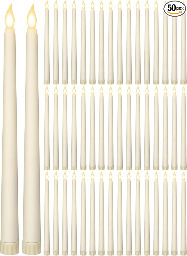 Retisee 50 Pcs 11 Inch Flameless Taper Candles LED Candles Bulk Battery Operated Taper Candle Flickering LED Candlesticks for Valentines Birthday Wedding Party Decor (Classic Style,Ivory)