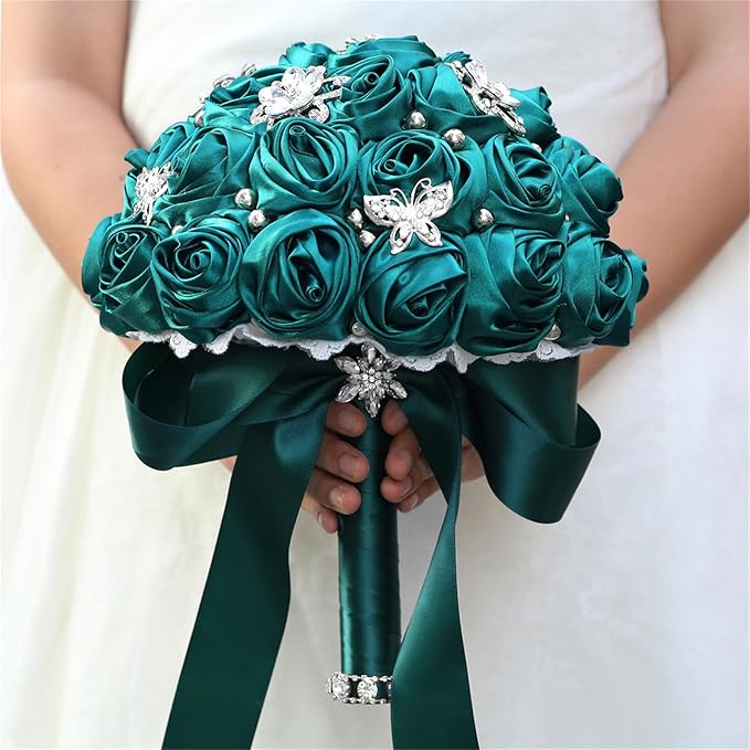 Bridal Wedding Bouquet for Bride Bridesmaid Wedding Quinceanera Throw Toss Artificial Rose Flower Bunch with Bling Brooch (AS#DarkGreen, Medium (Dia. 8.7"/22cm))