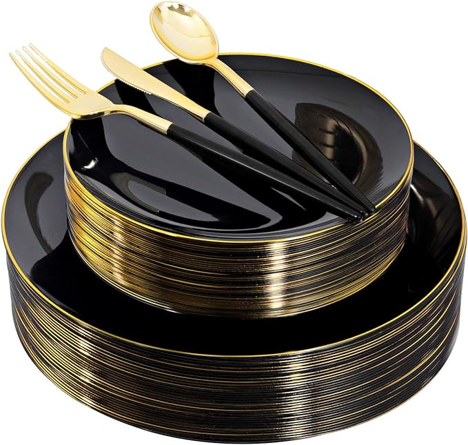 150pcs Black Plastic Plates, Black and Gold Plates,Gold Plastic Silverware,Black and Gold Dinnerware Set,Premiun Taleware,Perfect for Birthday,Party,Wedding,Anniversary