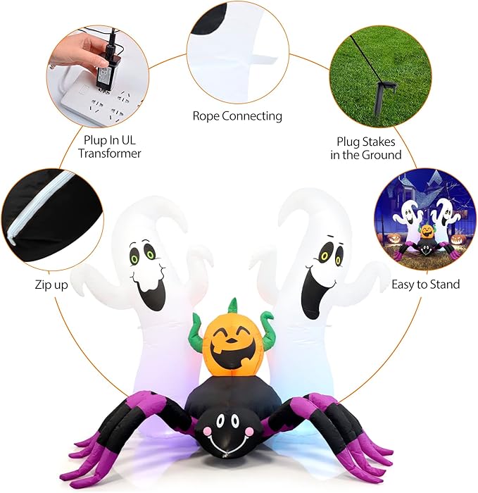 Halloween Inflatable, SHDEJTG 7Ft Pumpkin Ghost Spider Inflatable Decoration, Blow Up Yard Decoration Clearance with LED Lights Built-in for Outdoor, Holiday, Party, Yard, Garden
