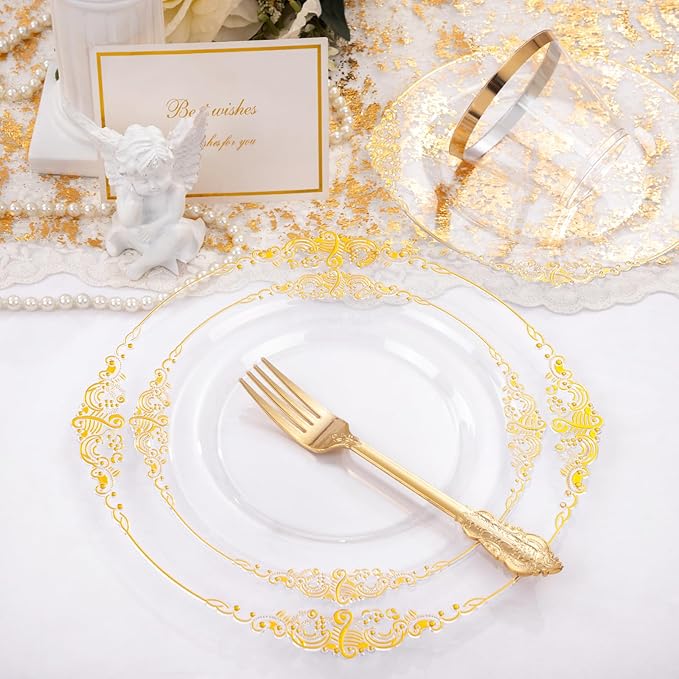 Nervure 175PCS Clear Gold Plastic Plates - Disposable Gold Party Plates & Pre Rolled Napkins with Cutlery for 25 Guests, 50Plates, 75Silverware, 25Cups, 25Napkin for Wedding & Party
