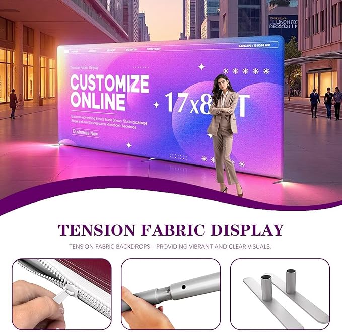 17x8 FT Custom Tension Fabric Backdrop Banner Stand, HD Banner Printing Online Design Tension Fabric Display Stand, Large Portable Trade Show Display Booth for Business, Corporate, Wedding, Mall
