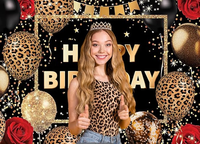 8X10FT Happy Birthday Background Gold Glitter Flash Black Leopard Print Balloon Photo Background Party Decoration Cake Table Banner Wall Decoration Photo Shooting Props Supplies 100