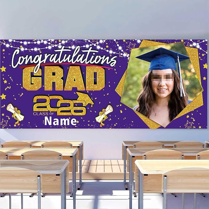 Custom Garaduation Garage Door Banner Cover 16 x 7 ft Class of 2026 Congrats Grad Party Backdrop Personalized Graduation Decoration(Purple and Gold)