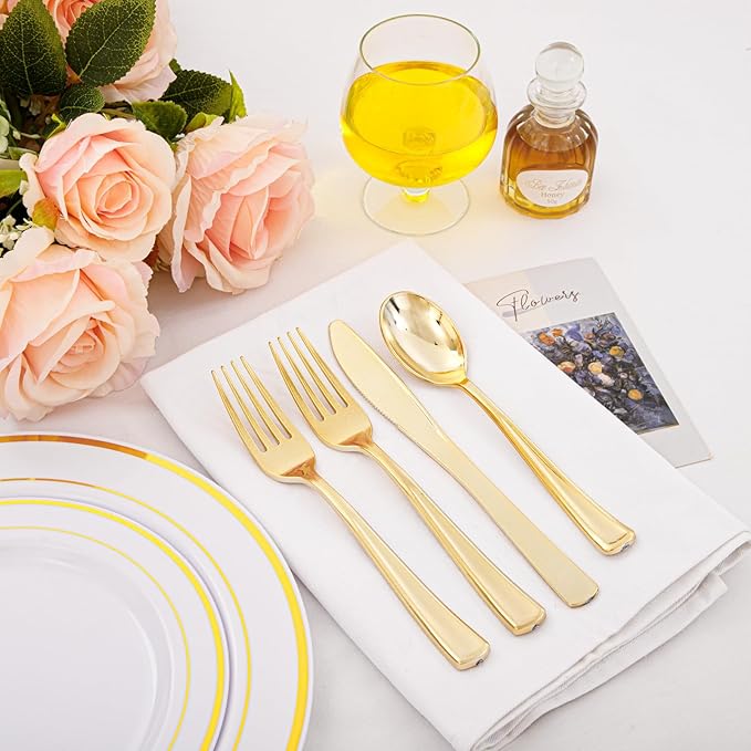Supernal 360pcs Gold Plastic Silverware Heavy Duty Disposable Cutlery Gold flatware Sets Include 120 Forks, 120 Knives, 120 Spoons, Suitable for Party, Birthday, Wedding