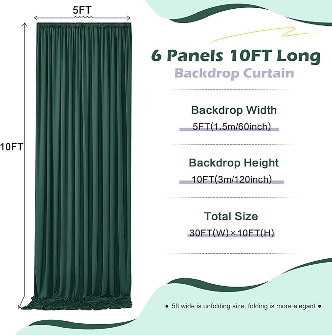 30ft x 10ft Wrinkle Free Hunter Green Backdrop Curtain for Jungle Parties, 6 Panels 5×10ft Soft Silky Green Polyester Photo Backdrop Drapes for Wedding Birthday Photography Christmas Background Cloth