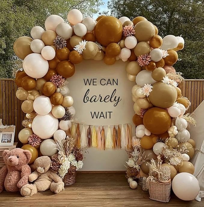 Neutral Balloon Arch Garland Kit - Double Stuffed Brown Nude Beige Cream Gold Balloons with 12pcs Artificial Flowers & 20pcs Tissue Tassels for Birthday Bear Baby Shower Party Decoration