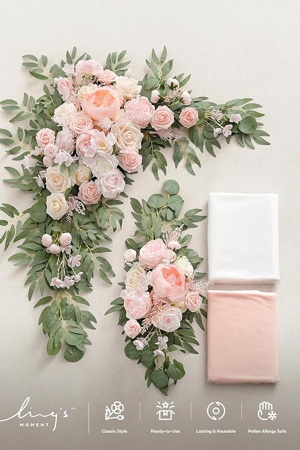 Ling's Moment Pink White Artificial Wedding Arch Flowers Kit Pack of 4, 2pcs Hanging Flower Arrangement 2pcs Chiffon Drapes Ceremony Reception Silk Rose Arbor Backdrop Floral Garden Outdoor Decoration