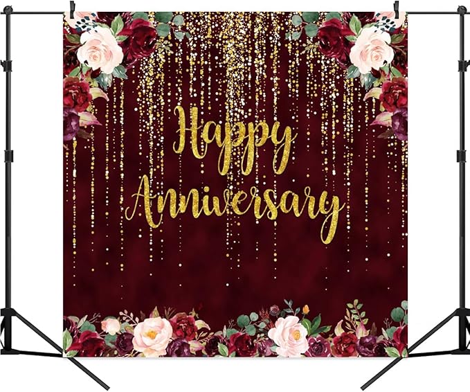 10x10ft Happy Anniversary Backdrop, Gold Glitter Burgundy Wedding Anniversary Background 1st 40th 50th 71th Couple Wedding Women Birthday Floral Party Decorations Cake Table Decor