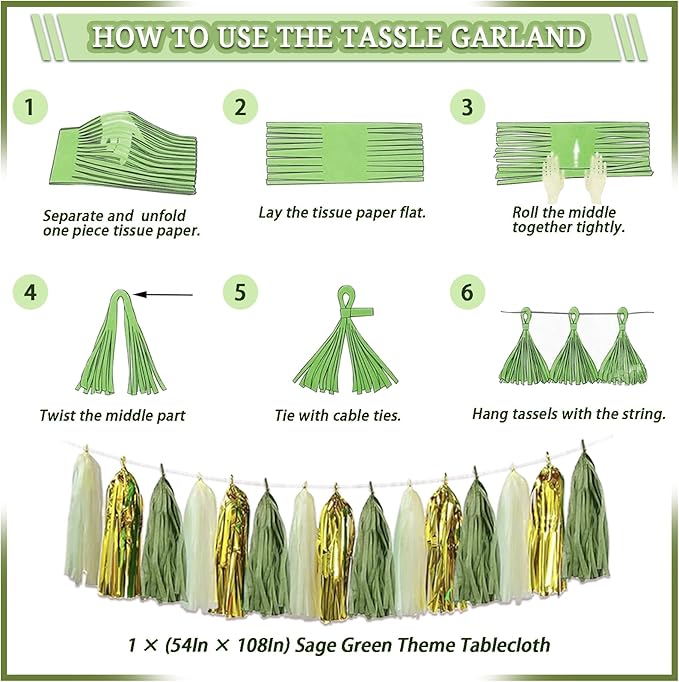 287 Pcs Birthday Decorations for Women, Sage Green Happy Birthday Decor Supplies - Banner, Balloon, Tiara, Sash, Tableware with Sage Green for 50 Guests