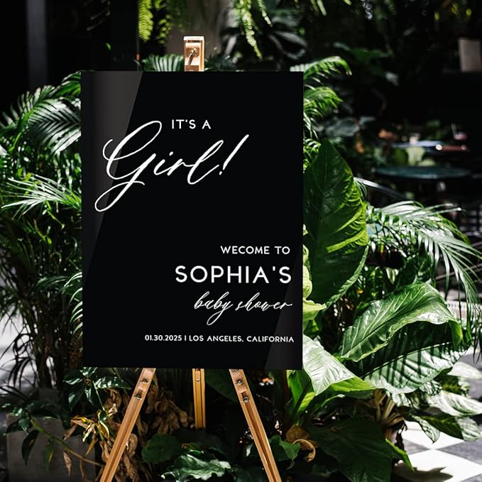 Andaz Press 16"x20" Black Acrylic Personalized Baby Shower Welcome Sign, Gender Neutral Large Custom Sign for Easel Stand, It's A Girl Baby Shower Decorations