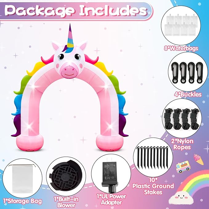 10FT Inflatable Unicorn Arch Outdoor Decorations Giant Rainbow Inflatables Arch Built-in 5 LED Lights Blow Up Pastel Unicorn Garden Yard Lawn Decor for Easter Wedding Baby Shower Girls Birthday Party