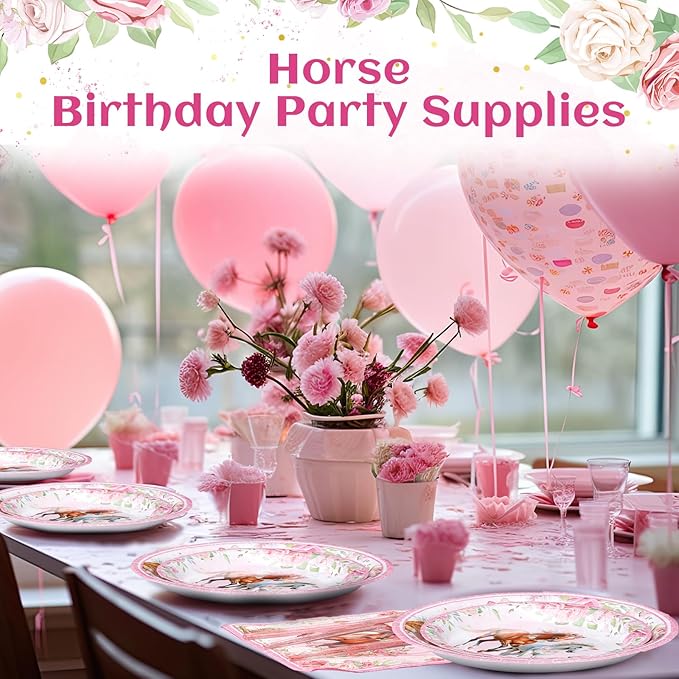 Pickmesh 400 Pcs Horse Birthday Party Supplies Include Pink Western Cowgirl Disposable Paper Plates Napkins Cups Cutlery Cowgirl Birthday Party Decorations for Girls Rodeo Bachelorette Fairy Serve 50