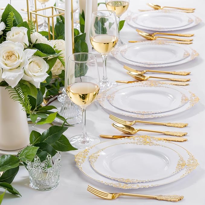 Nervure 175PCS White and Gold Plastic Plates - Disposable Dinnerware Set Include 50 Gold Plates for Dinner and Dessert, 75 Cutlery, 25Cups 25Napkins for Wedding & Party & Thanksgiving