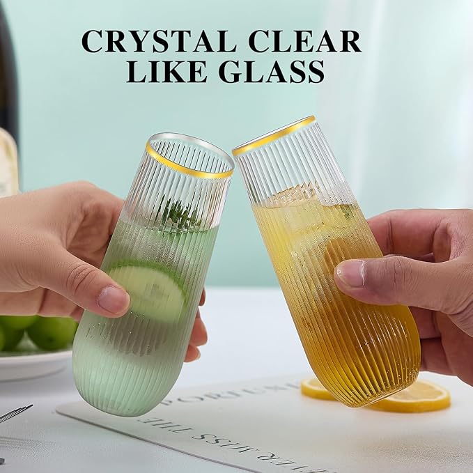 48 Pack Plastic Ribbed Champagne Flutes, 9 Oz Stemless Disposable Gold Rim Clear Plastic Toasting Glasses Shatterproof Recyclable and BPA-Free Perfect For Wedding