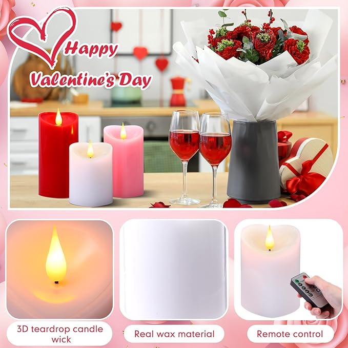 Retisee 3 PCS Valentine's Day Heart Pillar Candle - 4" 5" 6" LED Battery Operated Flameless Candle with Remote for Valentine Women Romantic Home Weeding Decoration Gift(Red, Pink, White)