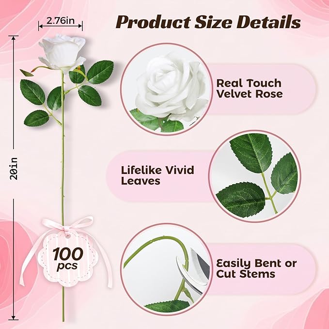 100 Pcs Fake White Roses Artificial Flowers Bulk, Faux Velvet Silk Rose Bouquet with Long Stems Real Look for Wedding Party Centerpieces Vases Decor