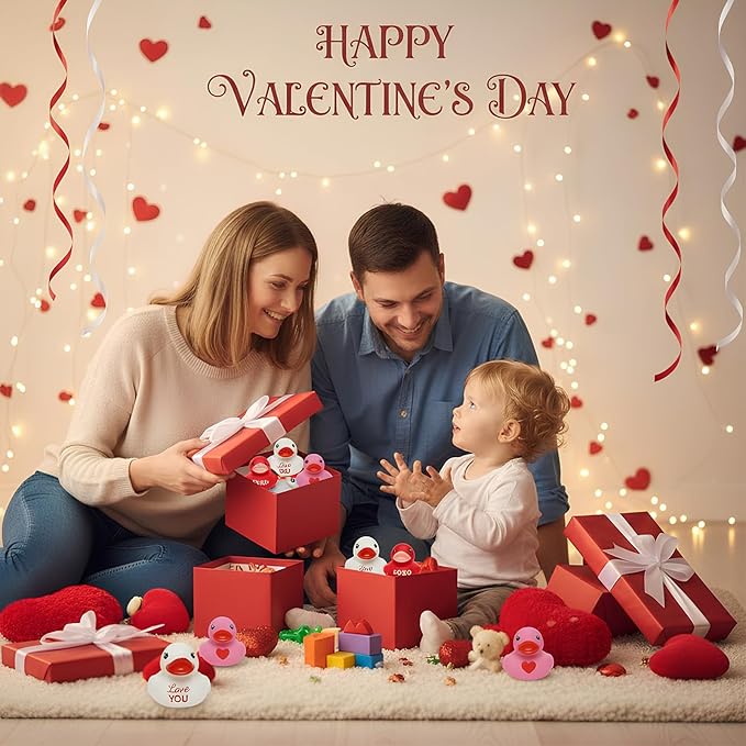 200 Pcs Valentine's Day Rubber Duck Heart XOXO Valentines Duck 1.4 Inch Pink Red White Float Toys for Party Favors Prizes Exchange Gifts Goodie Bag Fillers, 3 Styles
