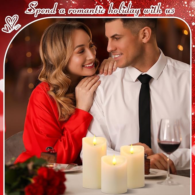 Retisee 3 PCS Valentine's Day Heart Pillar Candle - 4" 5" 6" LED Battery Operated Flameless Candle with Remote for Valentine Women Romantic Home Weeding Decoration Gift(Ivory)