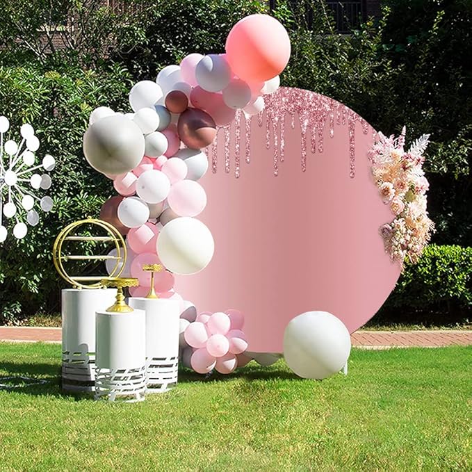 OERJU 7.5x7.5ft Pink Glitter Round Backdrop Rose Golden Glittering Sequin Starlight Photography Background Circle Backdrop Cover Birthday Baby Shower Wedding Party Decoration Banner Photo Booth Prop