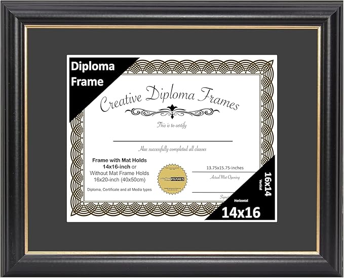 Creative Picture Frames 14" x 16" Rockefeller Black with Gold Rim Diploma Frame, Displays 14" x 16" Certificate or 16" x 20" Document without Mat, College Degree Frame, Full-Strength Glass, Black Mat