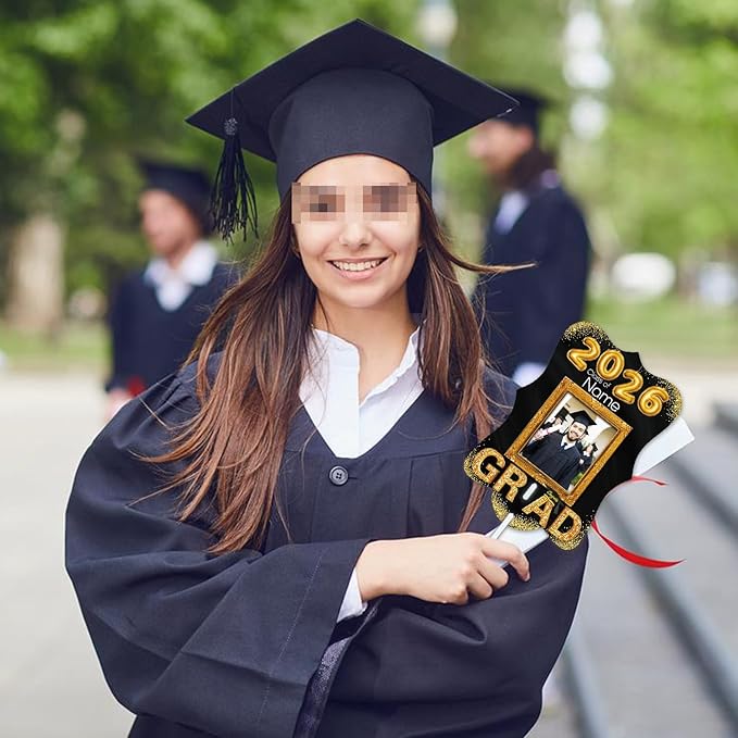 Personalized Graduation Double Sided Face Fan Class of 2026 Customized Graduation Head Face Cutout with Handle Fun Photo Prop Supplies(A-Black and Gold,12pcs)