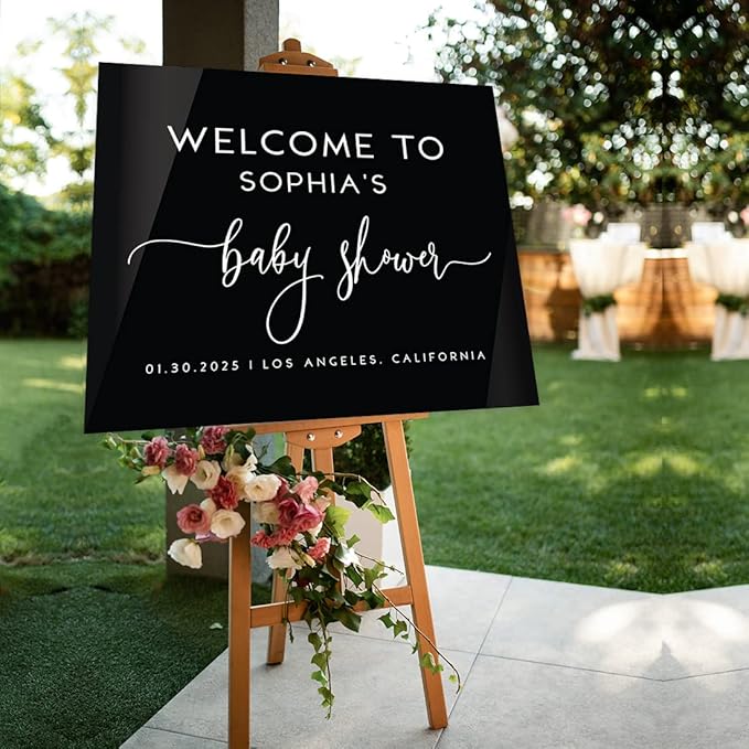 Andaz Press 16X20 Black Acrylic Personalized Baby Shower Welcome Sign, Gender Neutral Script Large Custom Sign For Easel Stand, Baby Shower Decorations, Personalized Baby Shower Sign, Custom Signs