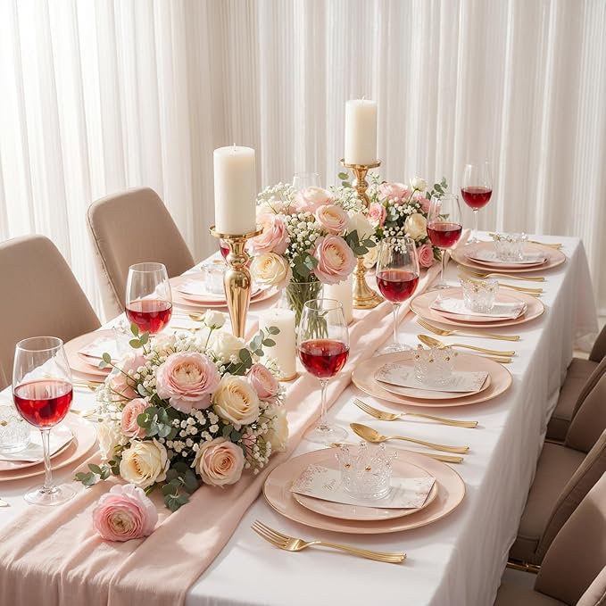 KIRE 350 PCS Pink Plastic Plates - Pink and Gold Disposable Dinnerware 50 Guest Include 50 Dinner Plate - 50Dessert Plate - 50Pre Rolled Napkins with Silverware for Valentine’s Day/Wedding/Baby Shower