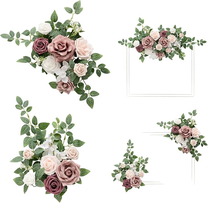 Ling's moment 2pcs Wedding Artificial Floral Swag Welcome Sign Flowers Backdrop Garland Dusty Rose Pink Cream for Ceremony Reception Door Wall Home Decorations Entryway Outdoor Board Table Decor