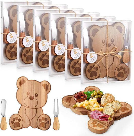 6 Set Baby Shower Prizes Bear Shaped Cheese Board with Cheese Knives and Forks Baby Shower Party Favors Gift Box for Wedding Bridal Birthday Gender Reveal Favor (Acacia Color)