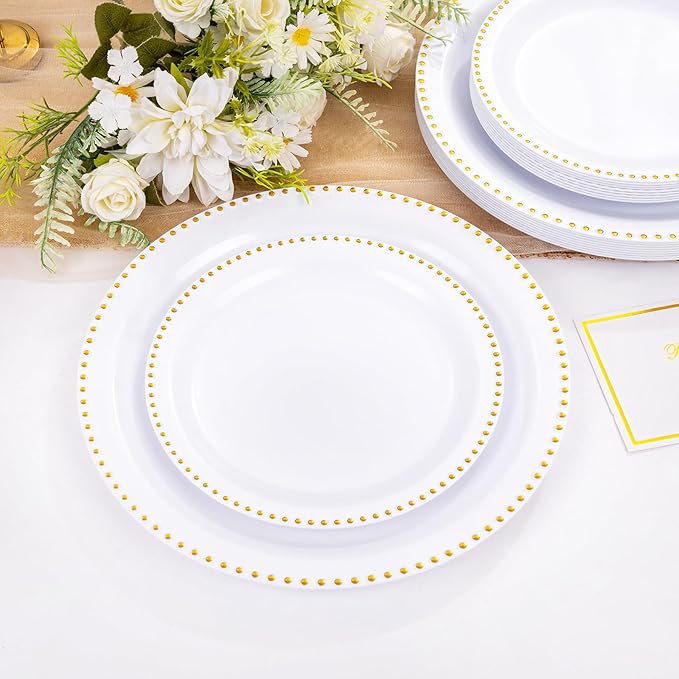 Rubtlamp 60Pcs White Gold Plastic Plates, White Disposable Plates With Gold Beaded, Heavyduty Plastic Plates Include 30 Dessert Platos, 30 Dinner Platos for Party