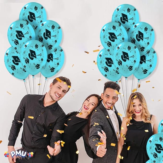 PMU 100 Pcs Turquoise Graduation Balloons Class of 2025 with All-Over Print White Grad Caps-Confetti and Streamers | Graduation Party Supplies | Congratulations Grad Latex Balloons Latex