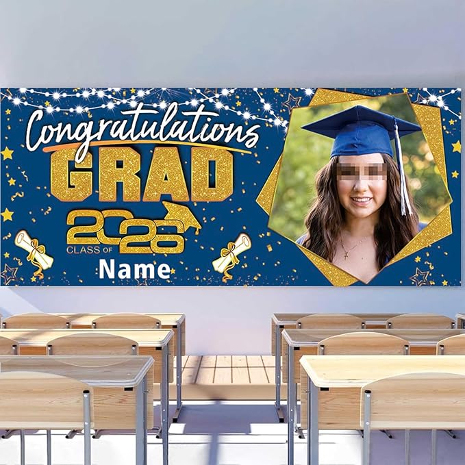 Custom Garaduation Garage Door Banner Cover 16 x 7 ft Class of 2026 Congrats Grad Party Backdrop Personalized Graduation Decoration(Blue and Gold)
