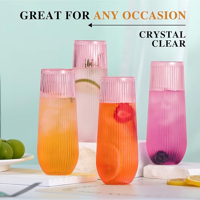 48 Pack Plastic Ribbed Champagne Flutes, 9 Oz Stemless Disposable Pink Clear Plastic Toasting Glasses Shatterproof Recyclable and BPA-Free Perfect For Wedding