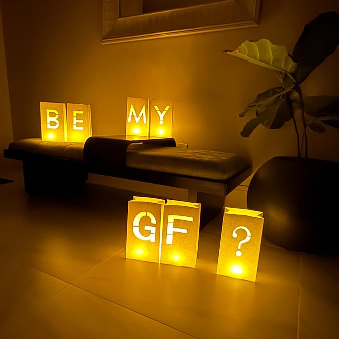Be My Girlfriend Light up Letters with 30 Tea Lights Candles and 2000 Red & Pink Rose Petals - Luminary Bags Heartfelt Surprise Romantic Decor Proposal Decorations and Be My Girlfriend Proposal