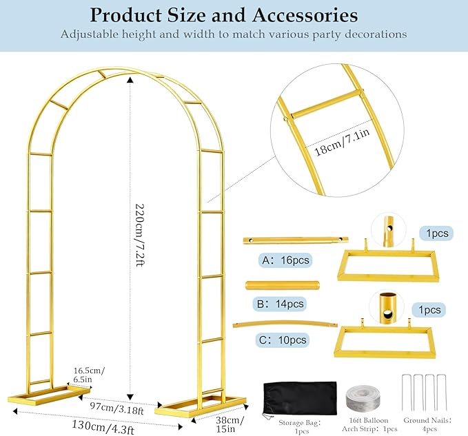【Patent Applying】 DEVISEFUN 7.2FTx4.3FT Balloon Arch Stand,Metal Pergola Arbors,Garden Arbors and Arches Trellis for Climbing Plants Outdoor,Gold Wedding Arch for Party Decoration Wide Arbor
