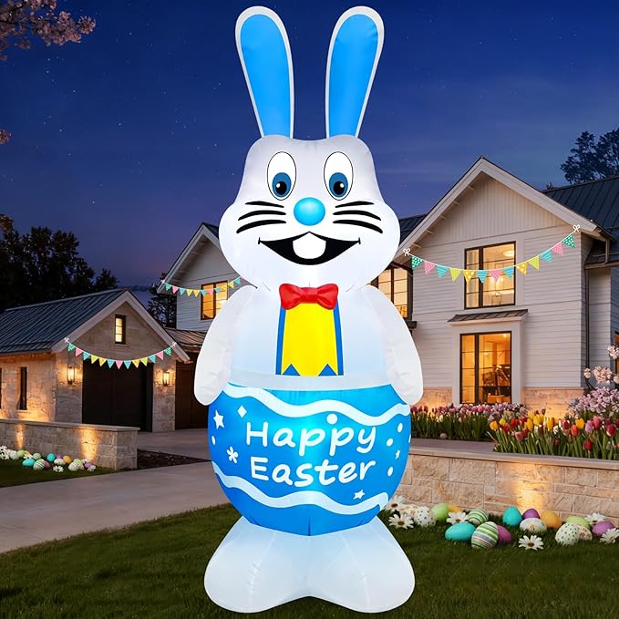 MICOCAH 5FT Tall Easter Inflatable Bunny Outdoor Decoration, Standing Cute Blow Up Blue Rabbit Yard Decoration with Colorful LED Lights, Spring Blowups for Lawn, Garden, Patio, Holiday, Party