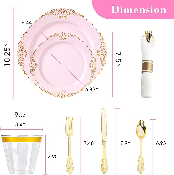 350pcs Gold Retro Dinnerware Sets Disposable, 50 Guests Heavy Duty Plastic Cutlery Sets, 100 Disposable Plates, 150 Silverware, 50 Cups, 50 Napkins for Wedding & Party, Pink