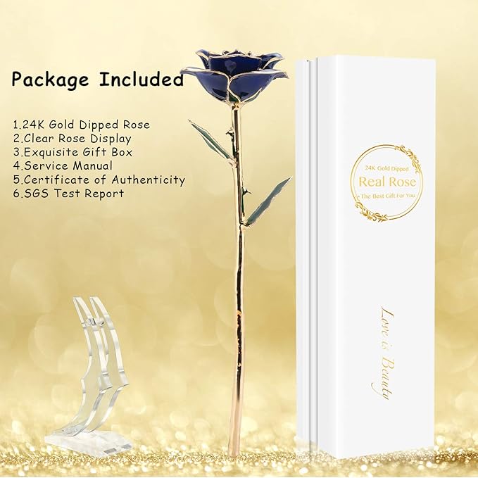 Birthday Rose Gift for her,24k Golden Real Fresh Long stem Rose and Best Birthday Gift for her Rose,Blue with Stand