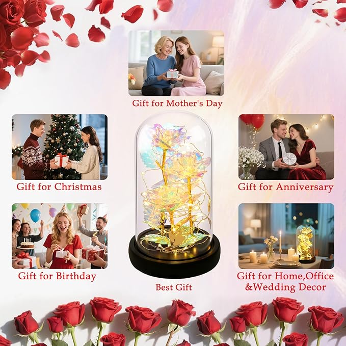 Valentines Day Gifts for Her,Beauty and The Beast Rose,Colorful Rainbow Up Rose in A Glass Dome,Gifts for Girlfriend,Women,Wife's,Grandma Wife Anniversary,Valentines,Thanksgiving,Birthday,Wedding